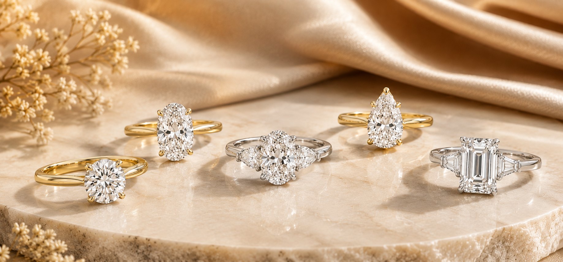 Five diamond engagement rings in yellow gold and platinum arranged on marble and champagne silk