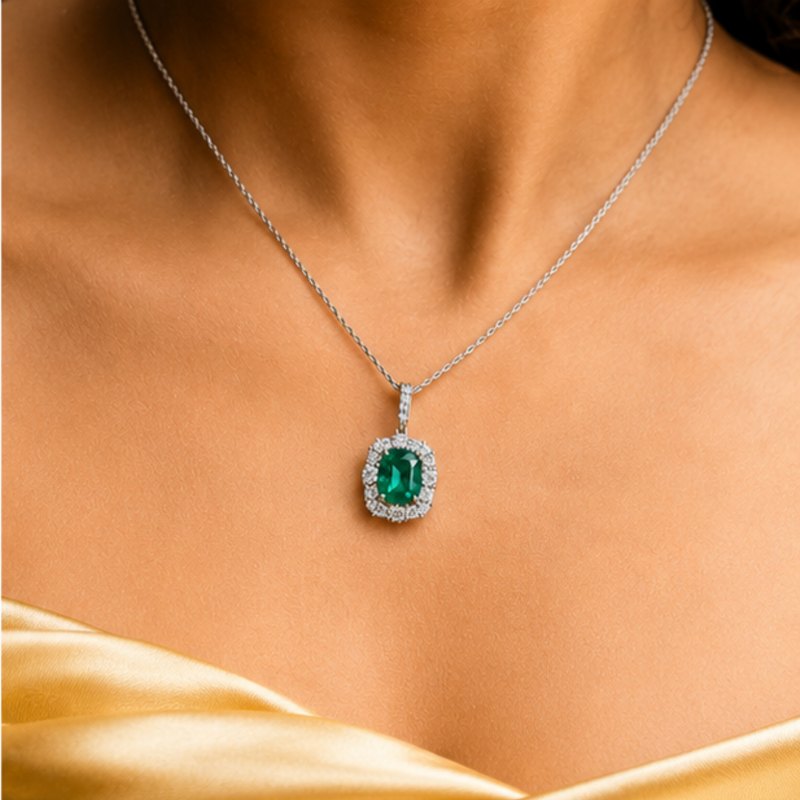 Emerald and diamond halo pendant necklace worn on a white gold chain