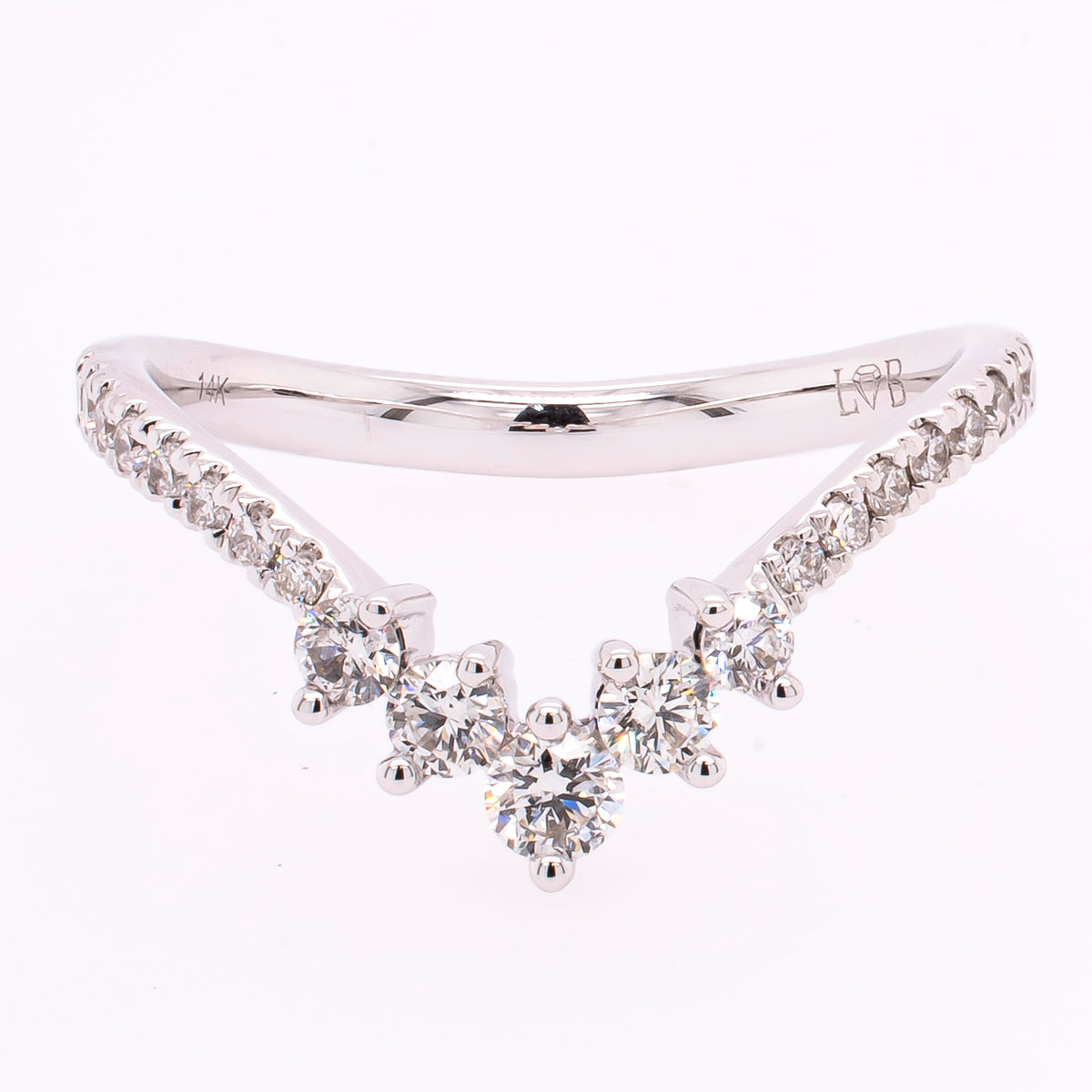14K White Gold Deep V Shaped Engagement Wedding Band for Oval Round or Marquise Rings