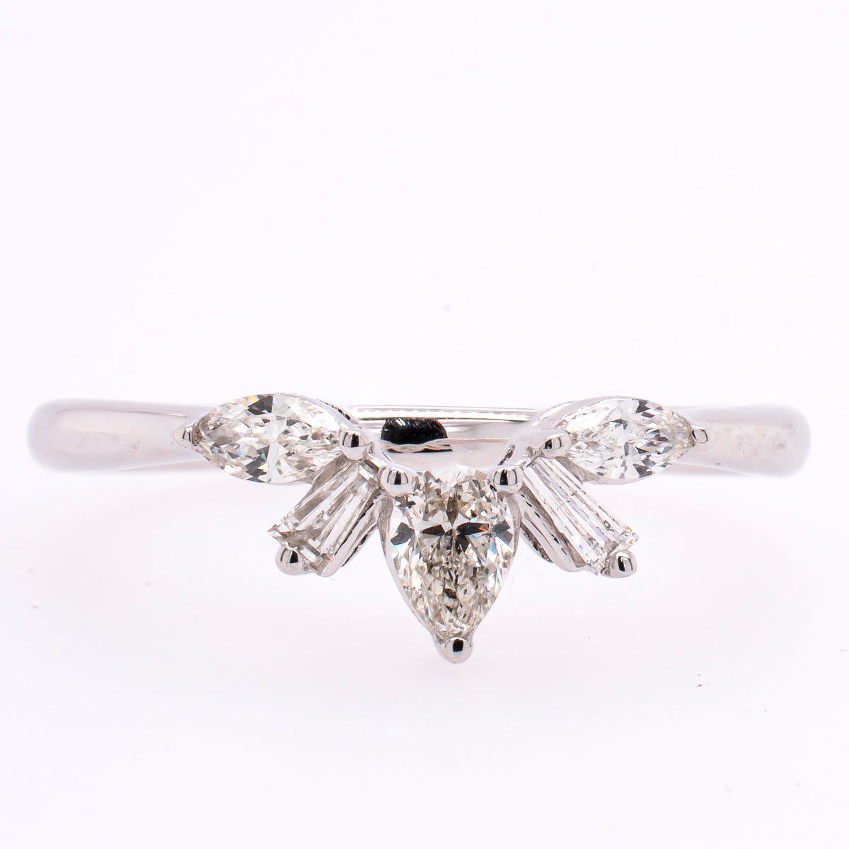 14K White Gold Diamond Emerald and Pear V-Shaped Engagement Band