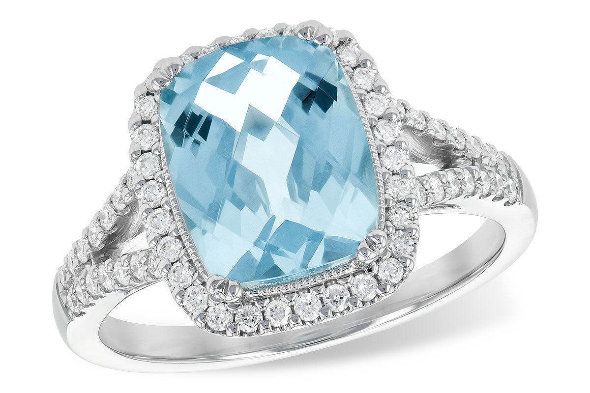 14K White Gold Aquamarine Halo Diamond Ring