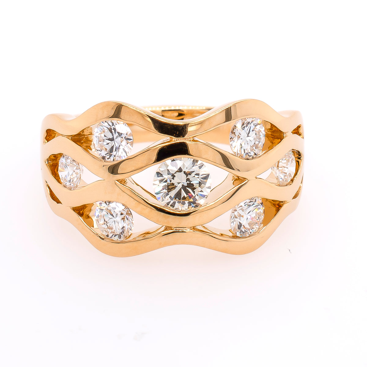 18K Yellow Gold Wave Diamond Tension Fashion Ring