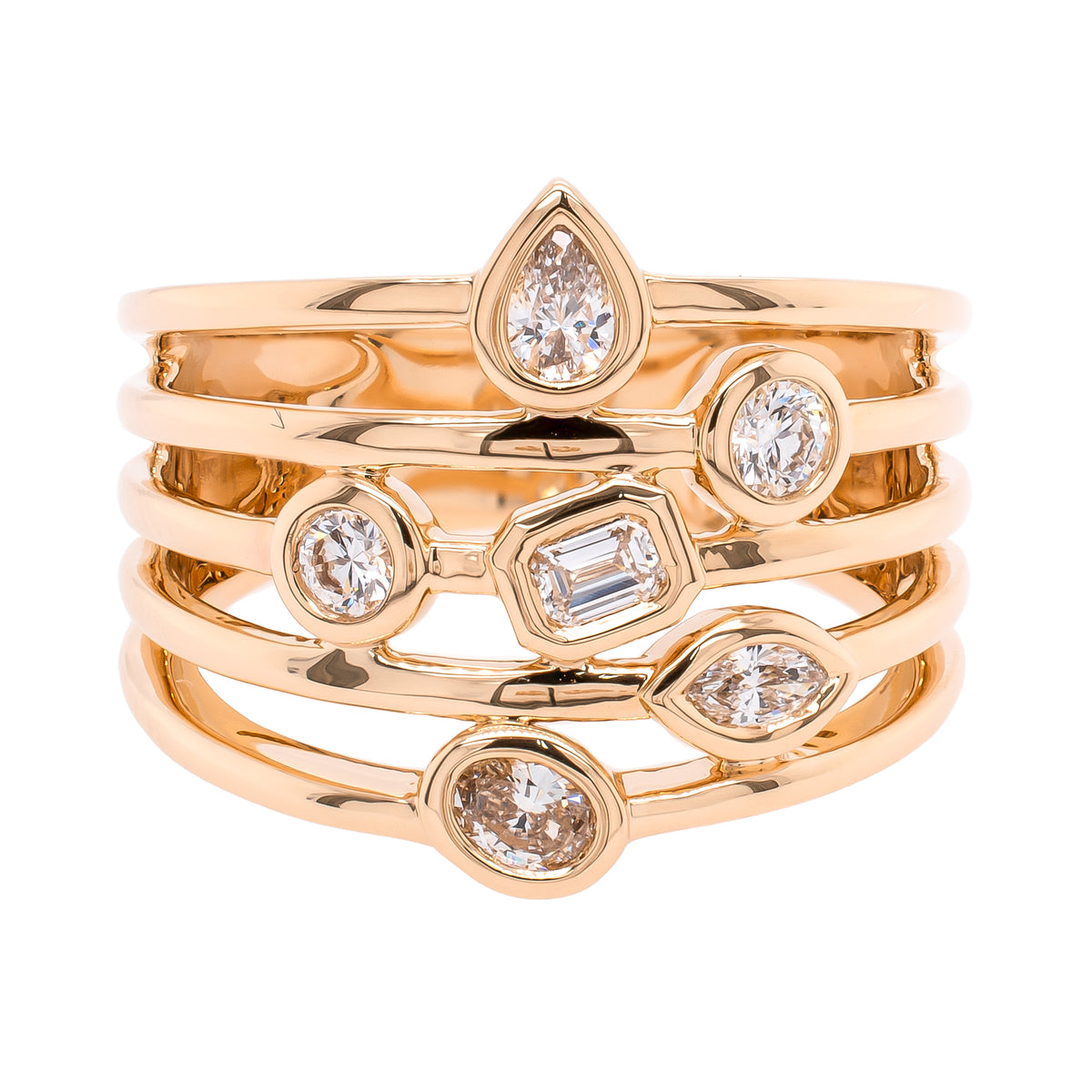 14K Yellow Gold Shape Diamond Stacked Fashion Ring