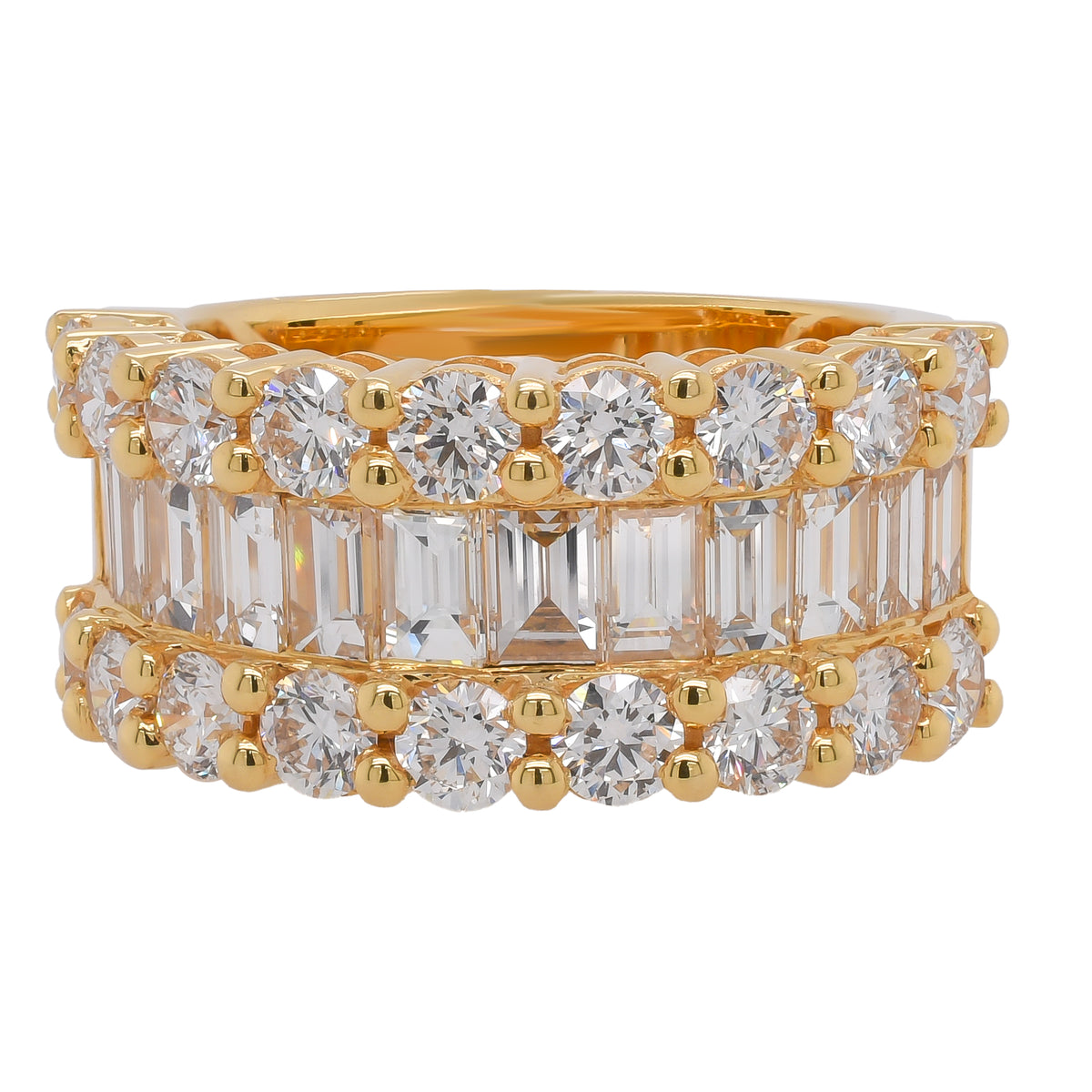 18K Yellow Gold Triple Row Baguette & Round Diamond Ring