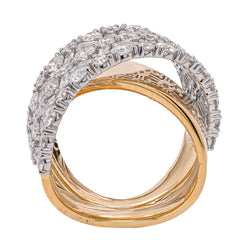 18K Yellow and White Gold Diamond Plain and Checkered Diamond Crossover Fashion Ring, view 2