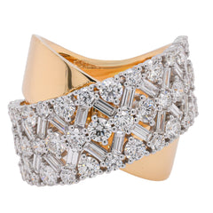 18K Yellow and White Gold Diamond Plain and Checkered Diamond Crossover Fashion Ring, view 1