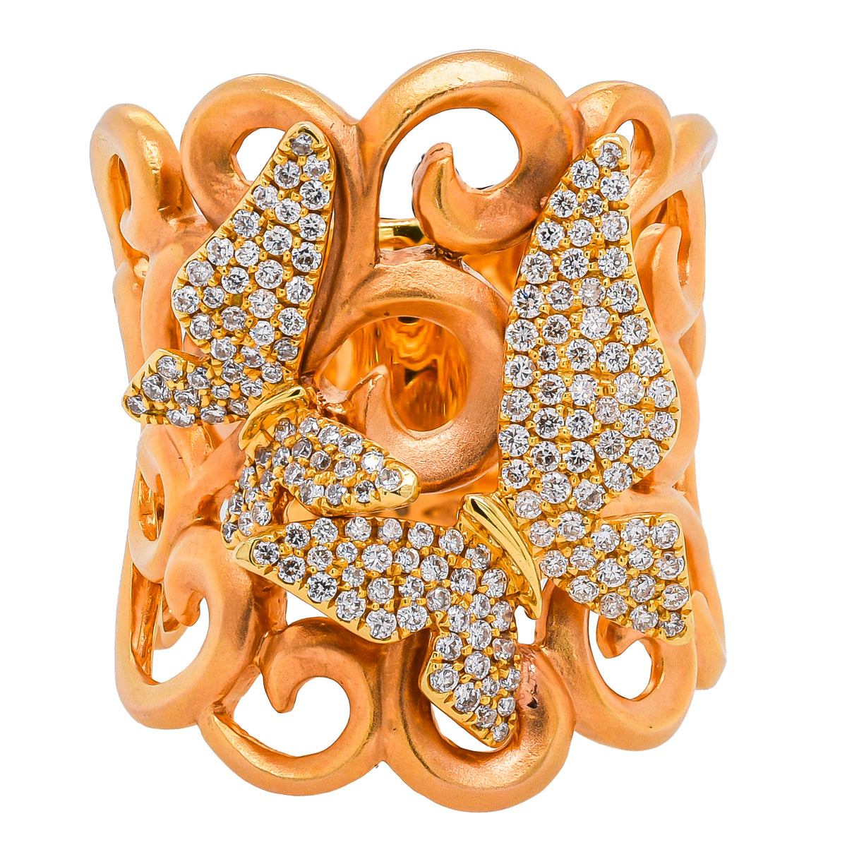 18K Rose and Yellow Gold Scroll Work Diamond Butterfly Fashion Ring