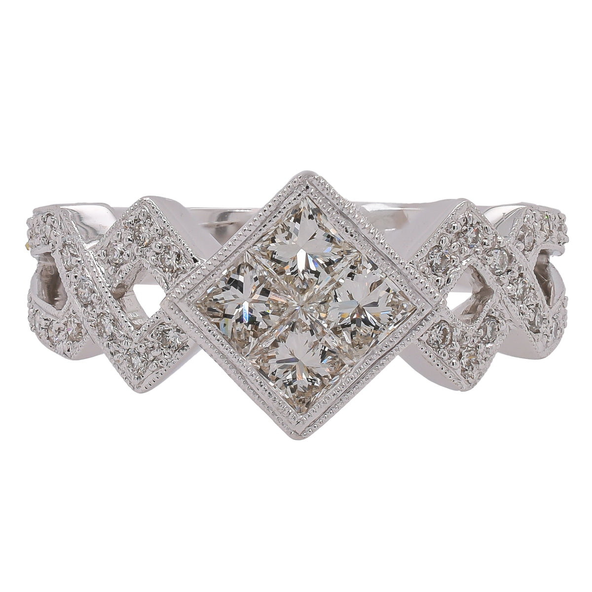 18K White Gold Princess & Round Diamond Criss Cross Ring | 0.85 CTW