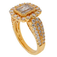 18K Yellow Gold Emerald, Baguette & Round Diamond Halo Ring | 1.88 CTW, view 2