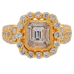 18K Yellow Gold Emerald, Baguette & Round Diamond Halo Ring | 1.88 CTW, view 1