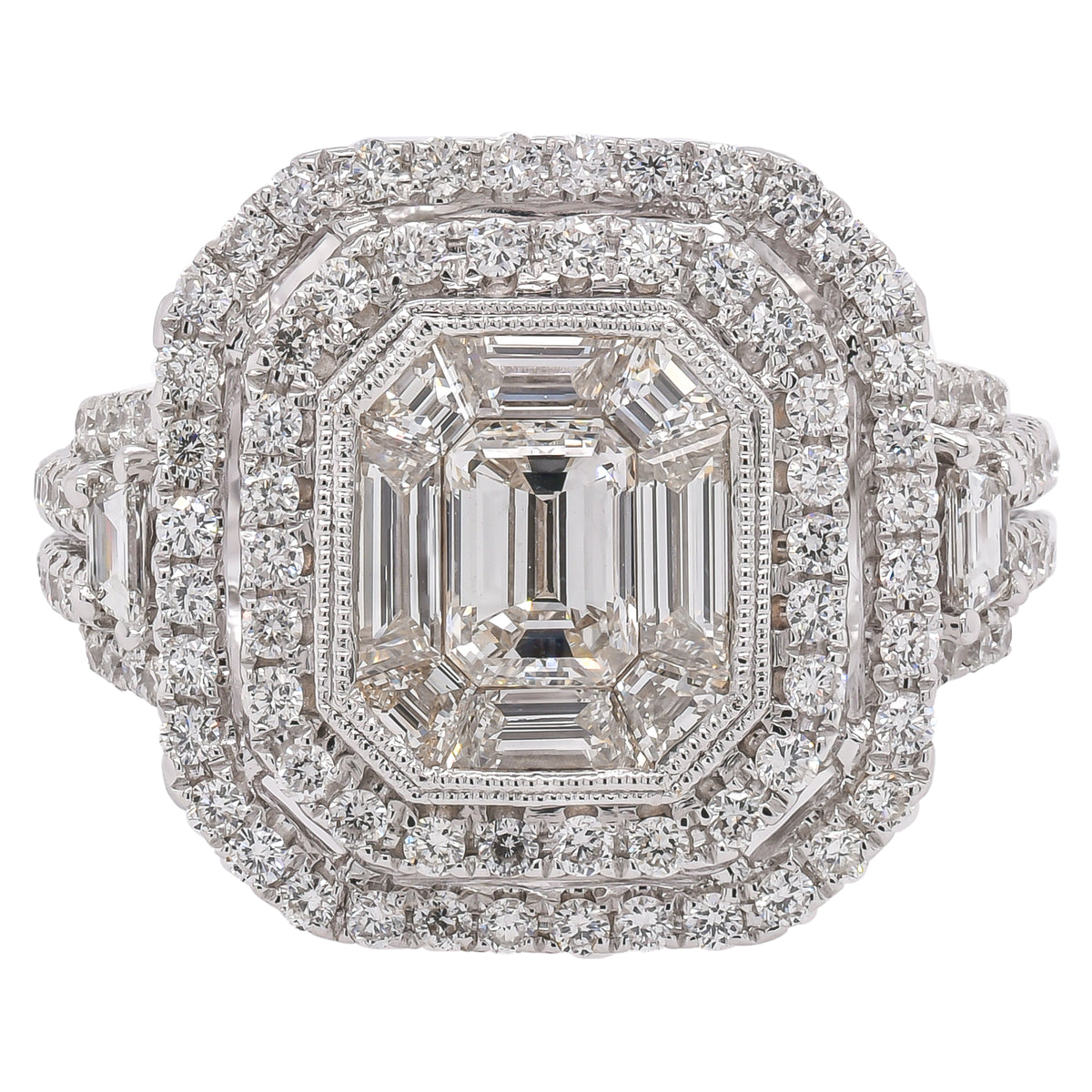 18K White Gold Emerald Cut Diamond Double Halo Ring | 2.46 CTW