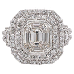 18K White Gold Emerald Cut Diamond Double Halo Ring | 2.46 CTW, view 1