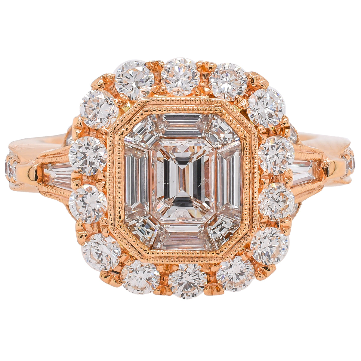 18K Rose Gold Emerald Cut Multi-Shape Diamond Halo Ring | 1.65 CTW