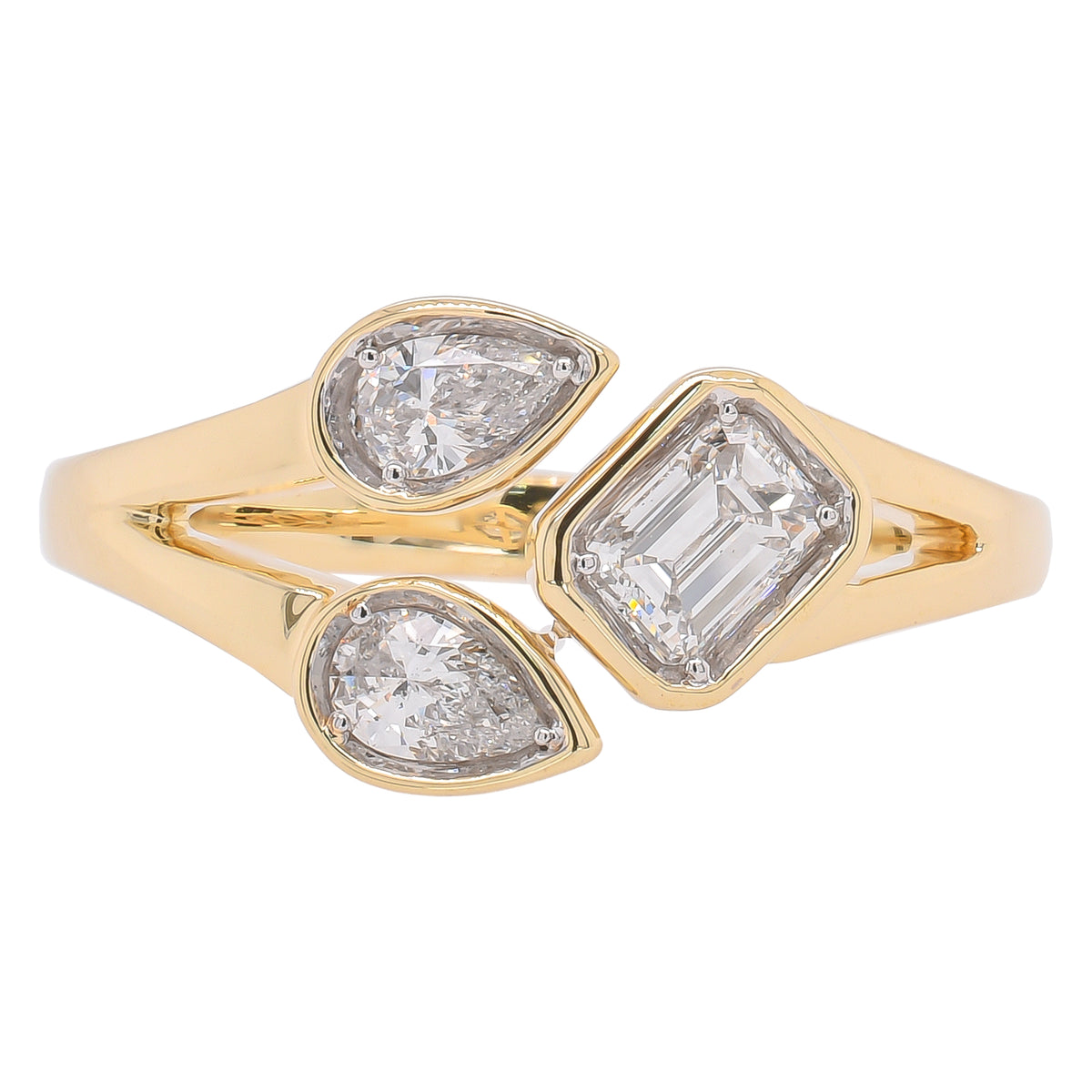 14K Yellow Diamond Bezel Bypass Three Stone Ring