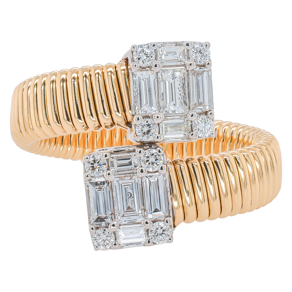 14K Yellow and White Gold Diamond Bypass Ribbed Ring