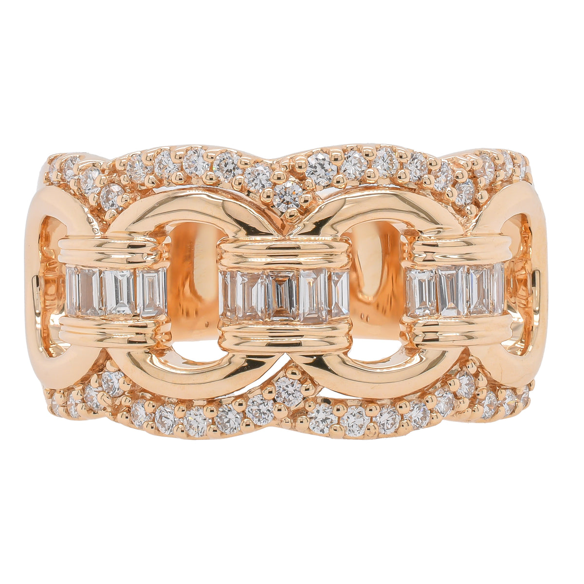 14K Yellow Gold Diamond Baguette Chain Link Fashion Ring