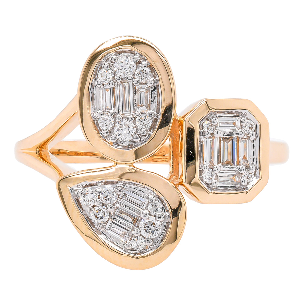 14K Yellow Gold Diamond Shape Cluster Triple Bypass Ring