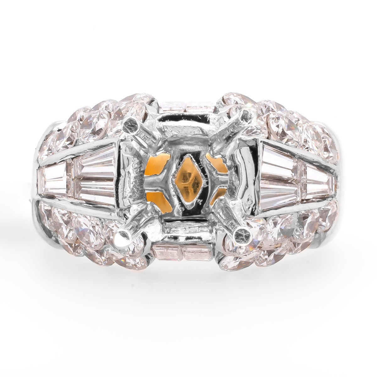 18K Yellow and White Gold Bubble and Baguette Diamond Semi Mount Ring with Variable Mount