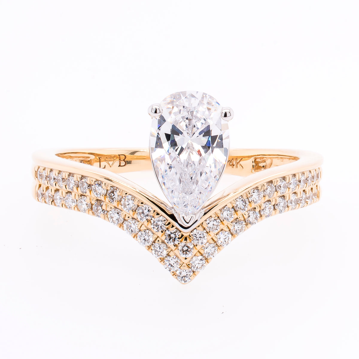 14K Yellow and White Gold Floating Pear CZ Semi-Mount 1.00CT With V Shaped Diamond Shank Engagement Ring