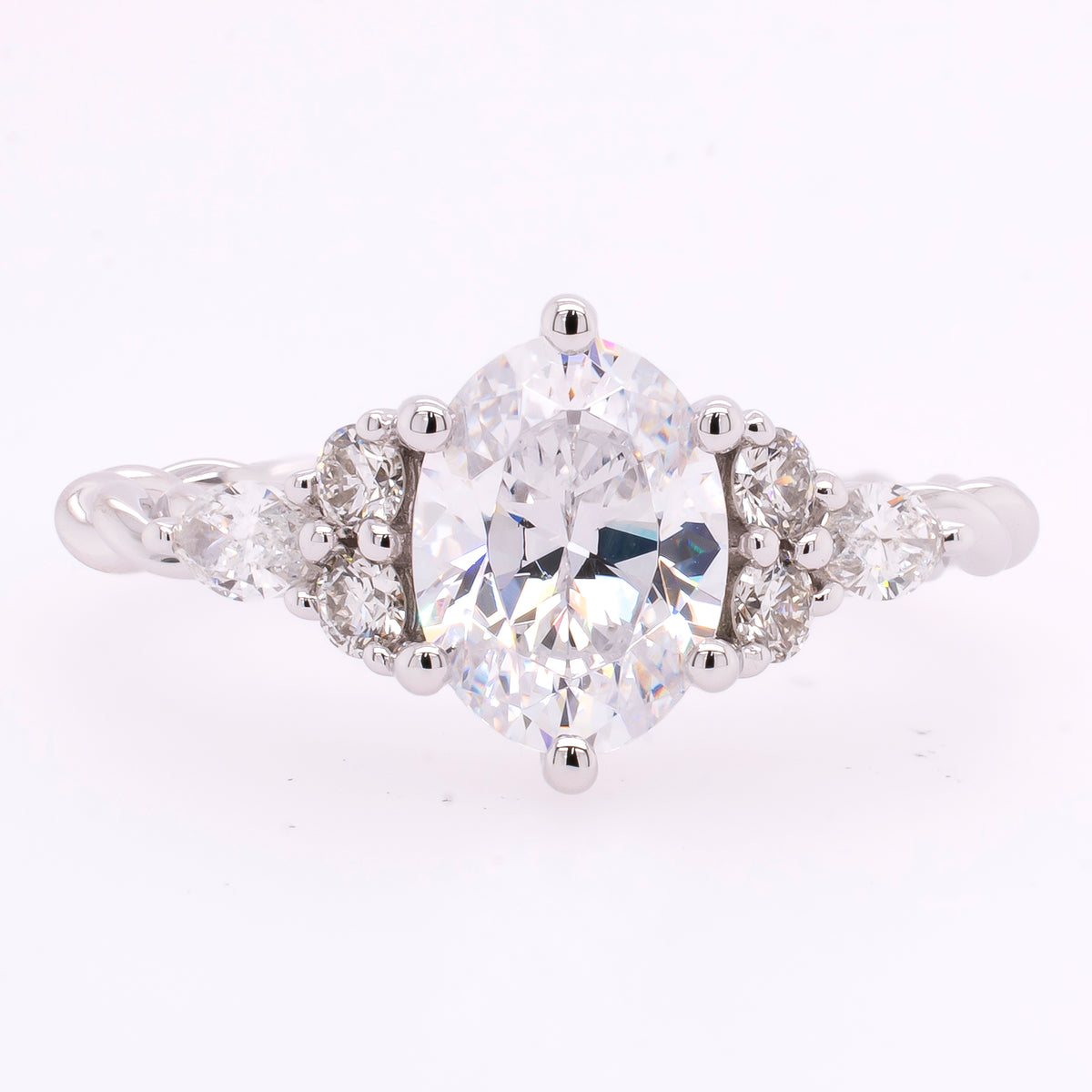 14K White Gold Oval CZ Semi-Mount 1.50CT with Twisted Side Marquise Diamond Engagement Ring