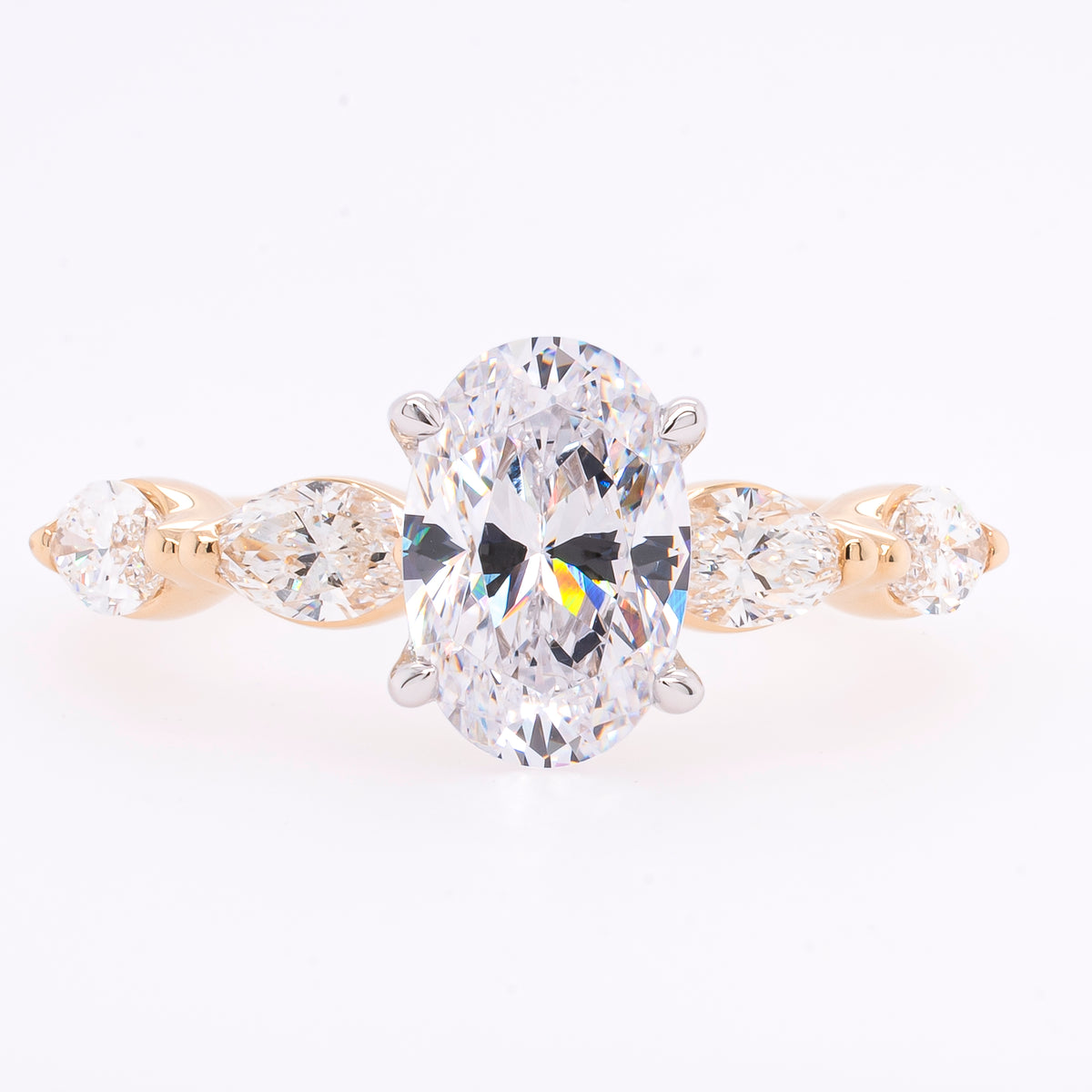 14K Yellow and White Gold Oval CZ Semi-Mount 1.50CT with Marquise Side Diamond Engagement Ring