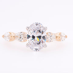 14K Yellow and White Gold Oval CZ Semi-Mount 1.50CT with Marquise Side Diamond Engagement Ring, view 1
