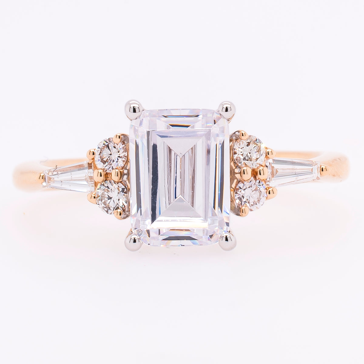 14K Yellow and White Gold Emerald CZ Semi-Mount 1.50CT with Tapered Diamond Side Stone Engagement Ring
