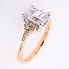14K Yellow and White Gold Emerald CZ Semi-Mount 1.50CT with Tapered Diamond Side Stone Engagement Ring, view 2