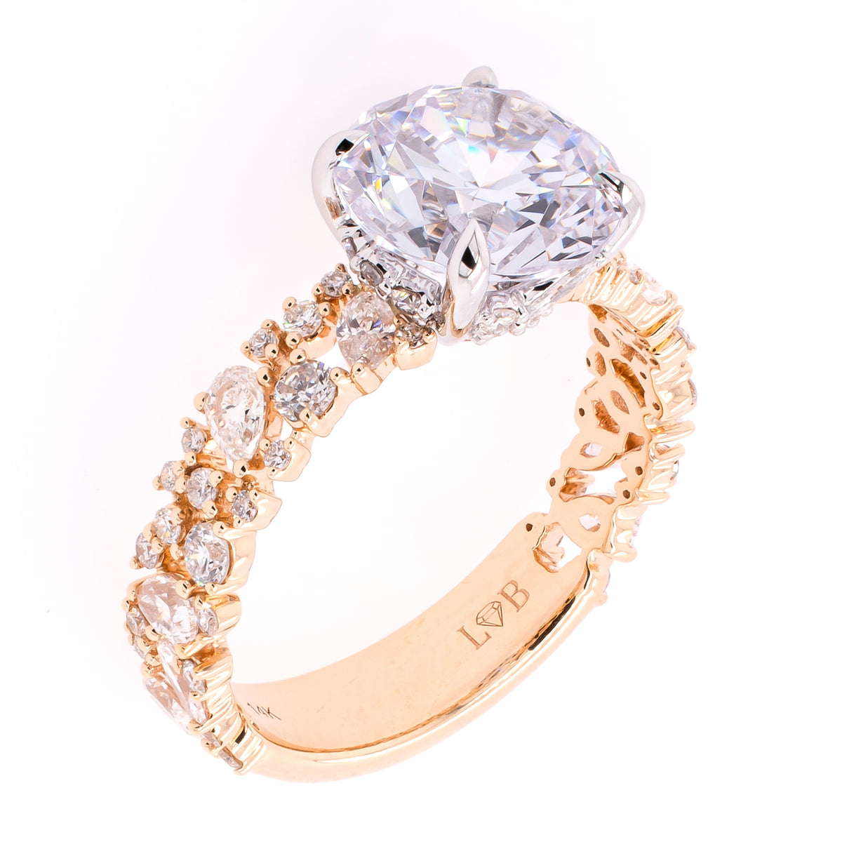 14K Yellow and White Gold Cluster Diamond Shank Semi-Mount 2.50CT Engagement Ring