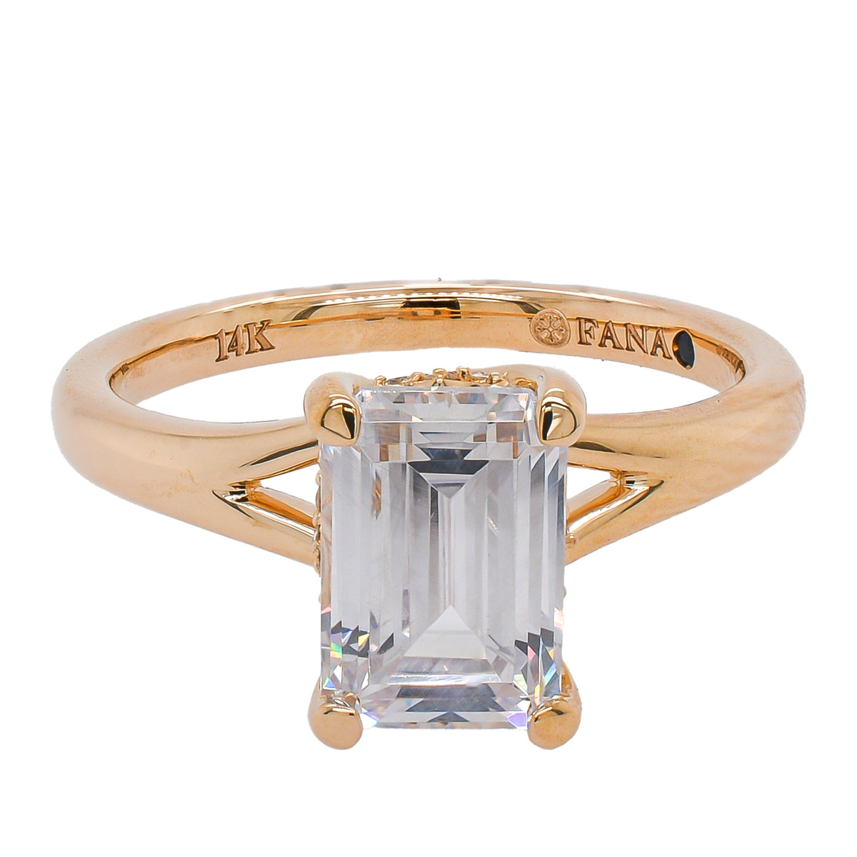 14K Yellow Gold 2CT Emerald Cut Hidden Halo Split Shank Engagement Ring