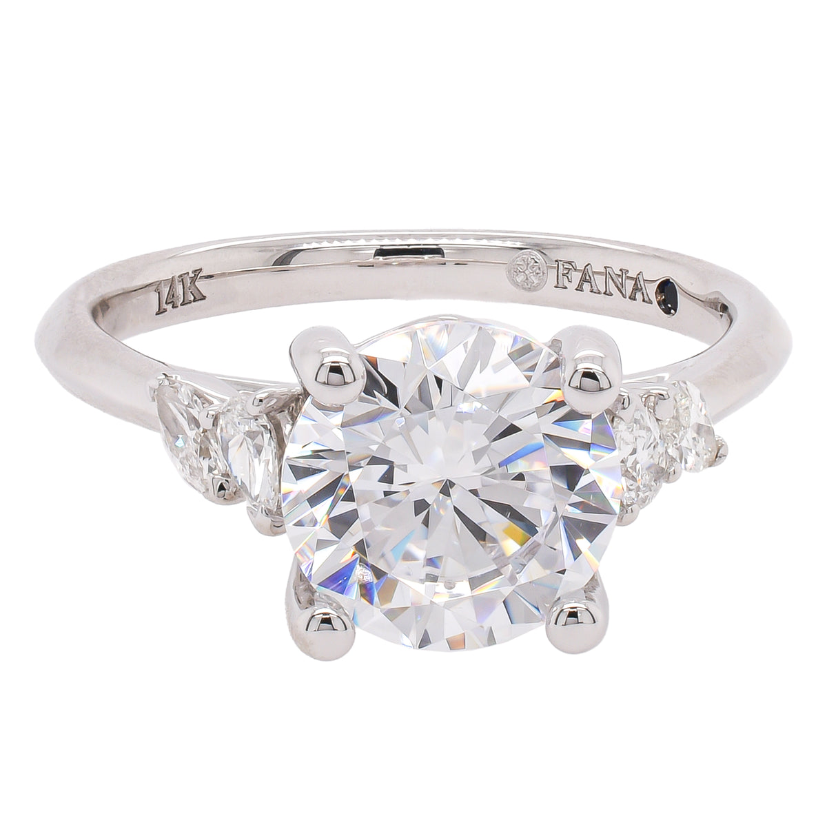 14K White Gold 2CT Round Engagement Ring with Pear and Marquise Diamond Accents