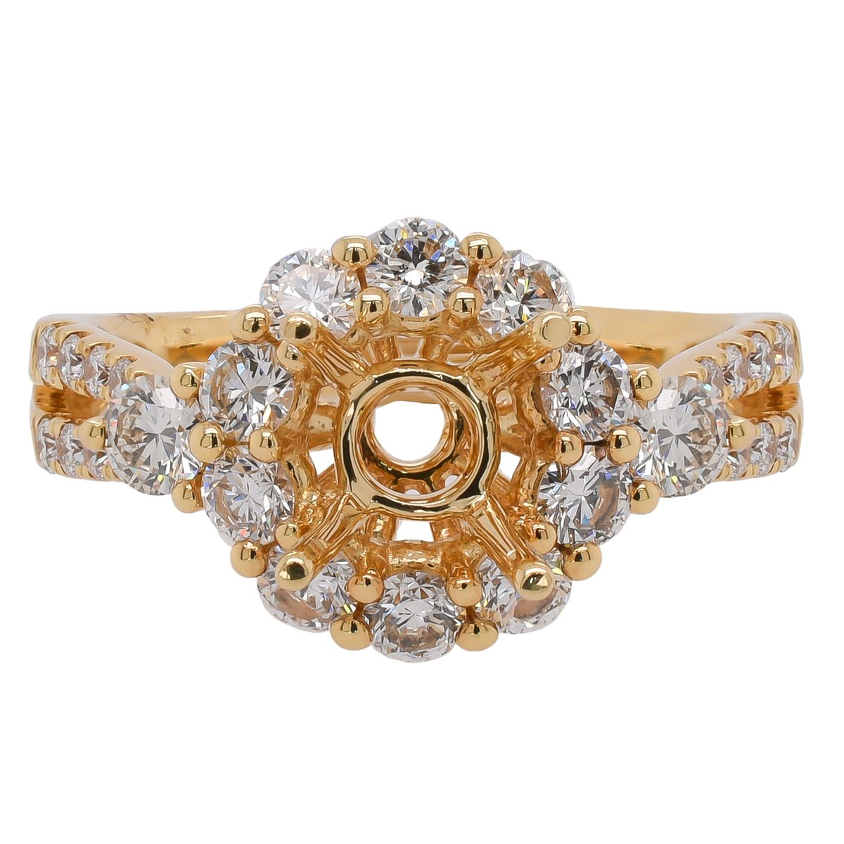 18K Yellow Gold Diamond Halo Semi-Mount Engagement Ring for 1 CT Center