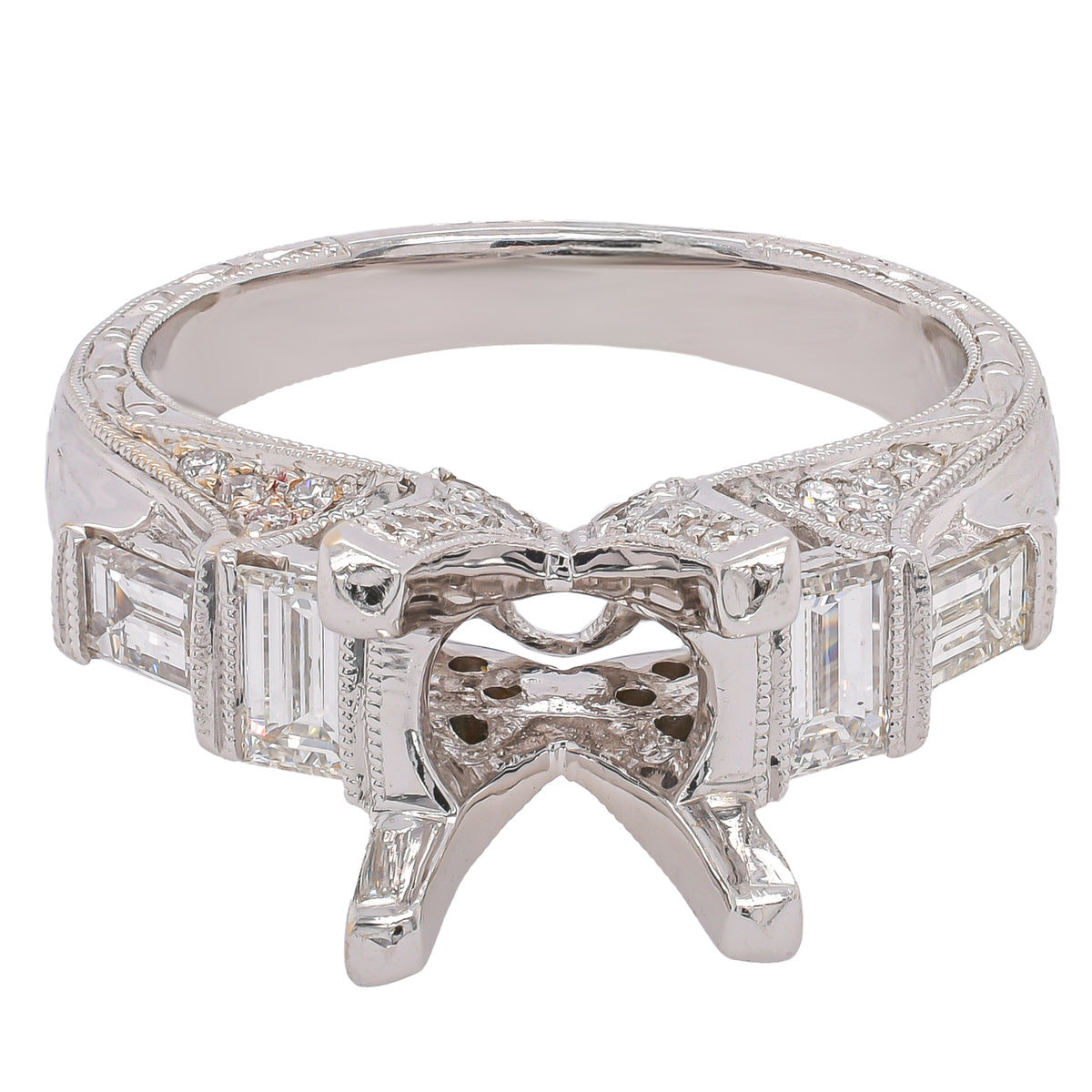 18K White Gold Diamond Semi-Mount Engagement Ring with Baguette Accents | 0.96 CTW
