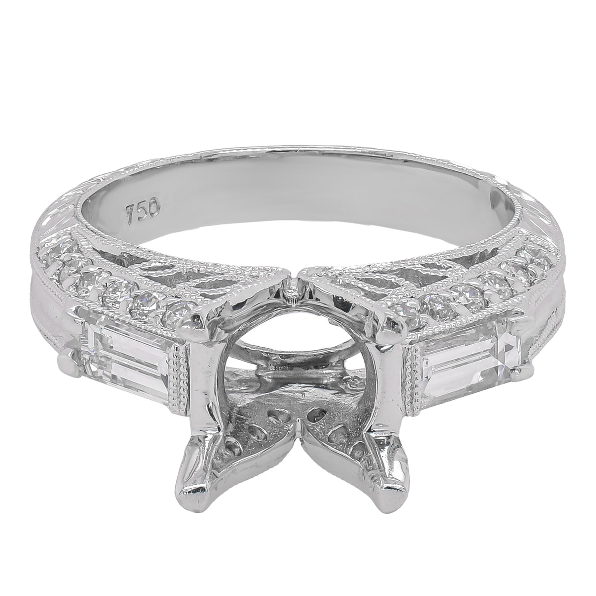 18K White Gold Diamond Semi-Mount Engagement Ring with Baguette Accents | 0.83 CTW