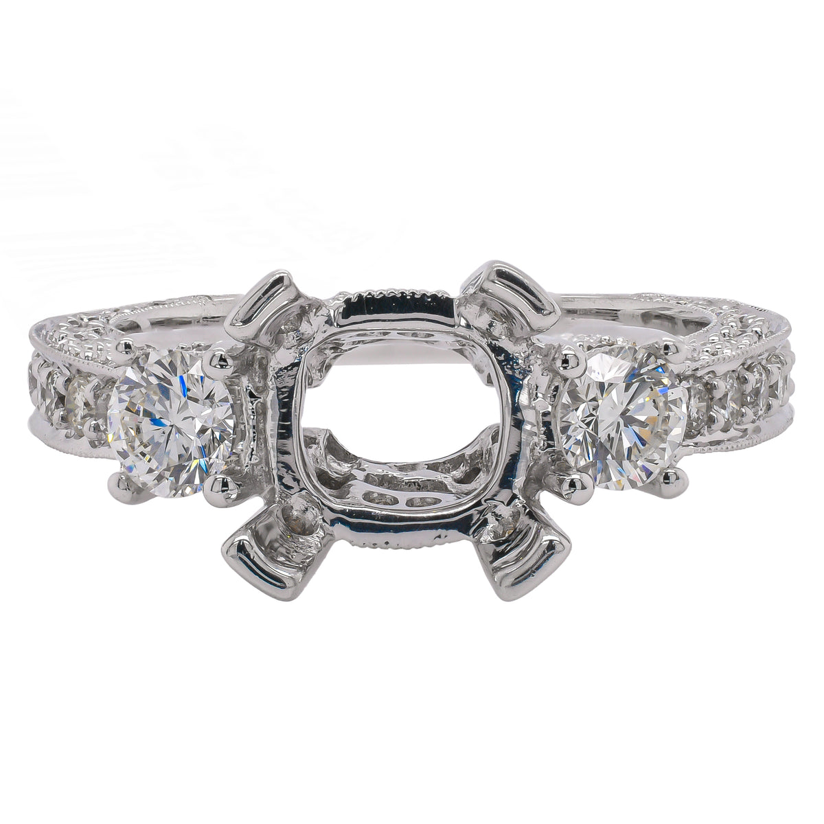 18K White Gold Three-Stone Diamond Semi-Mount Engagement Ring | 1.36 CTW