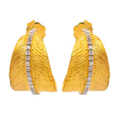 14K Yellow Gold Leaf C Hoop Diamond Earrings, view 1