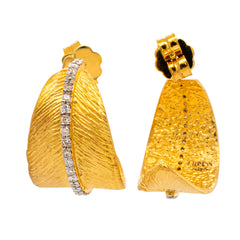 14K Yellow Gold Leaf C Hoop Diamond Earrings, view 2