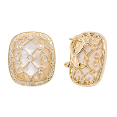 14K Yellow Gold Mother of Pearl Cushion Leverback Diamond Earrings, view 2