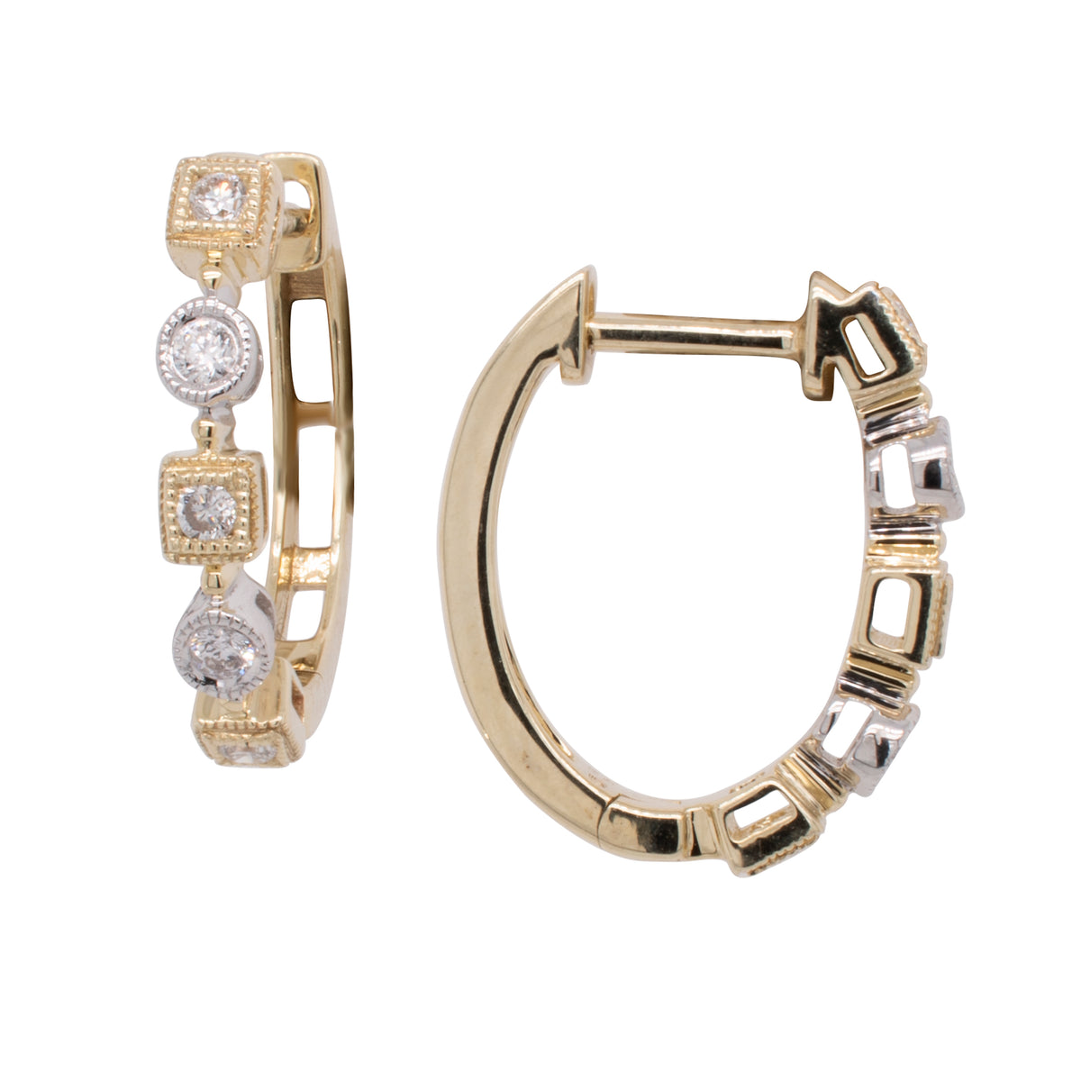 14K Yellow & White Gold Geometric Diamond Hoop Earrings | 0.17 CTW