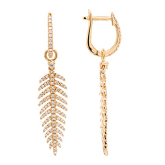 18K Yellow Gold Feather Diamond Dangle Earrings, view 2