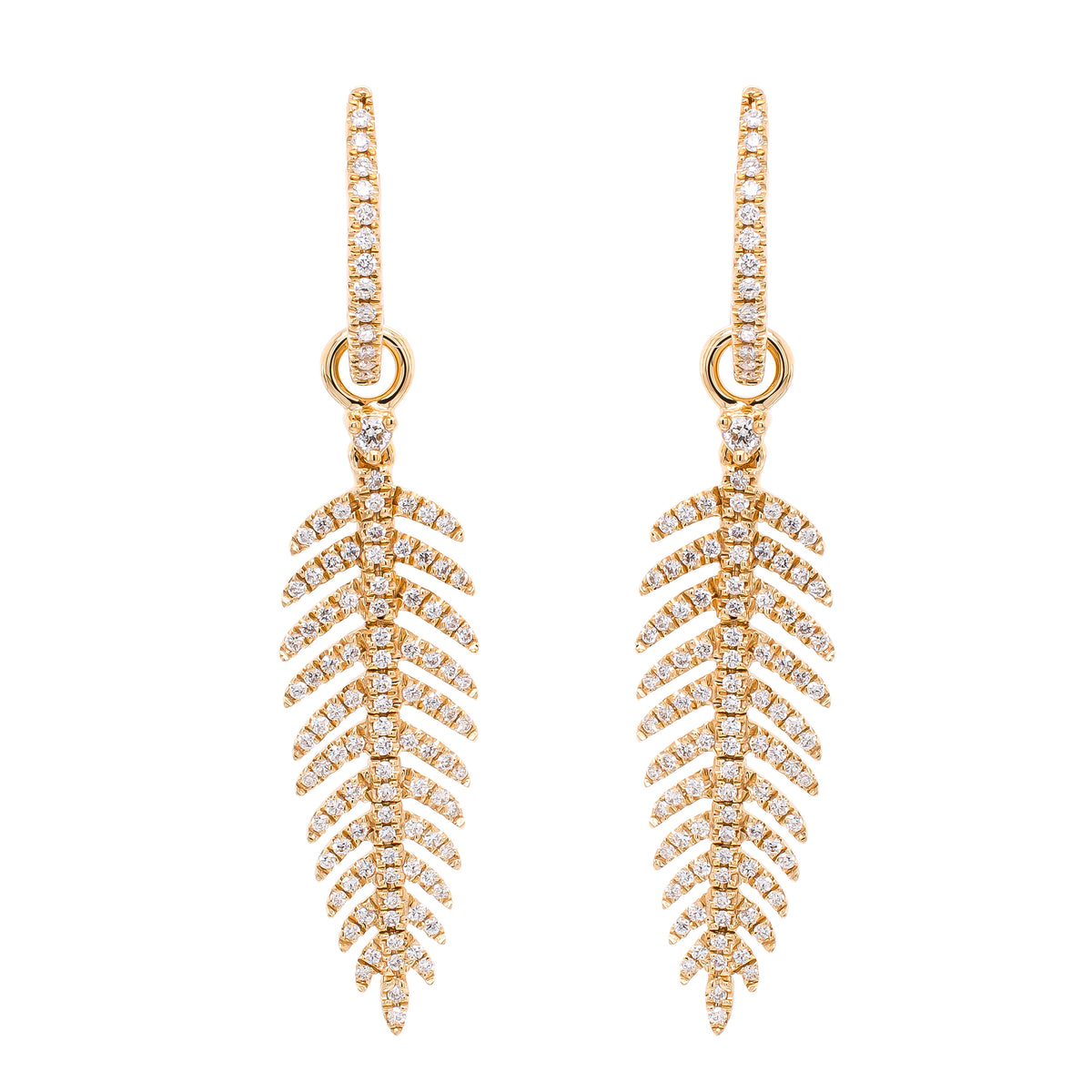 18K Yellow Gold Feather Diamond Dangle Earrings