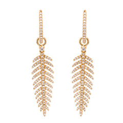 18K Yellow Gold Feather Diamond Dangle Earrings, view 1