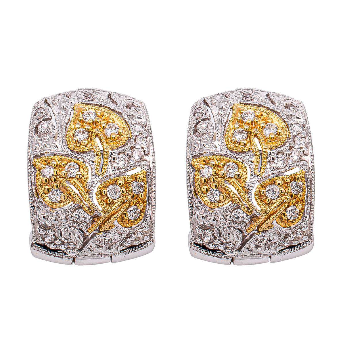 18K White Gold with Yellow Gold Leaf Huggie Earrings