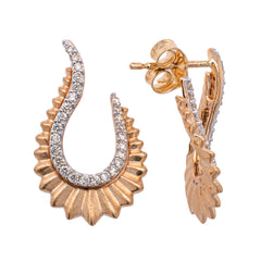 14K Yellow Gold Fluted Matte Twisted Stud Diamond Earrings, view 2