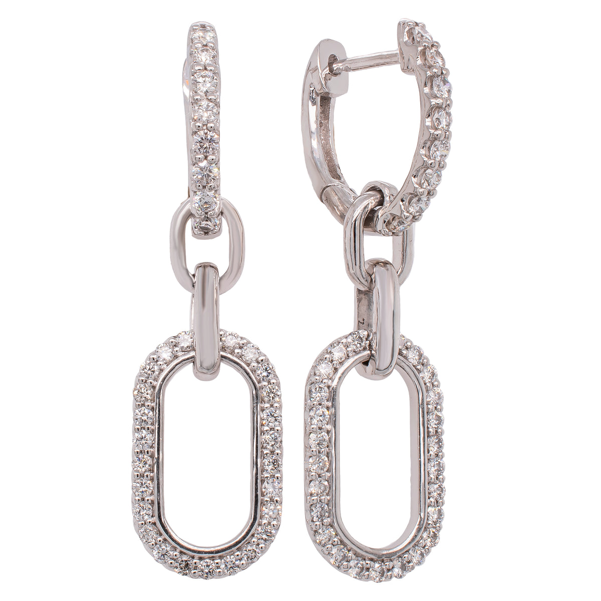 14K White Gold Diamond Huggie Oval Dangle Earrings