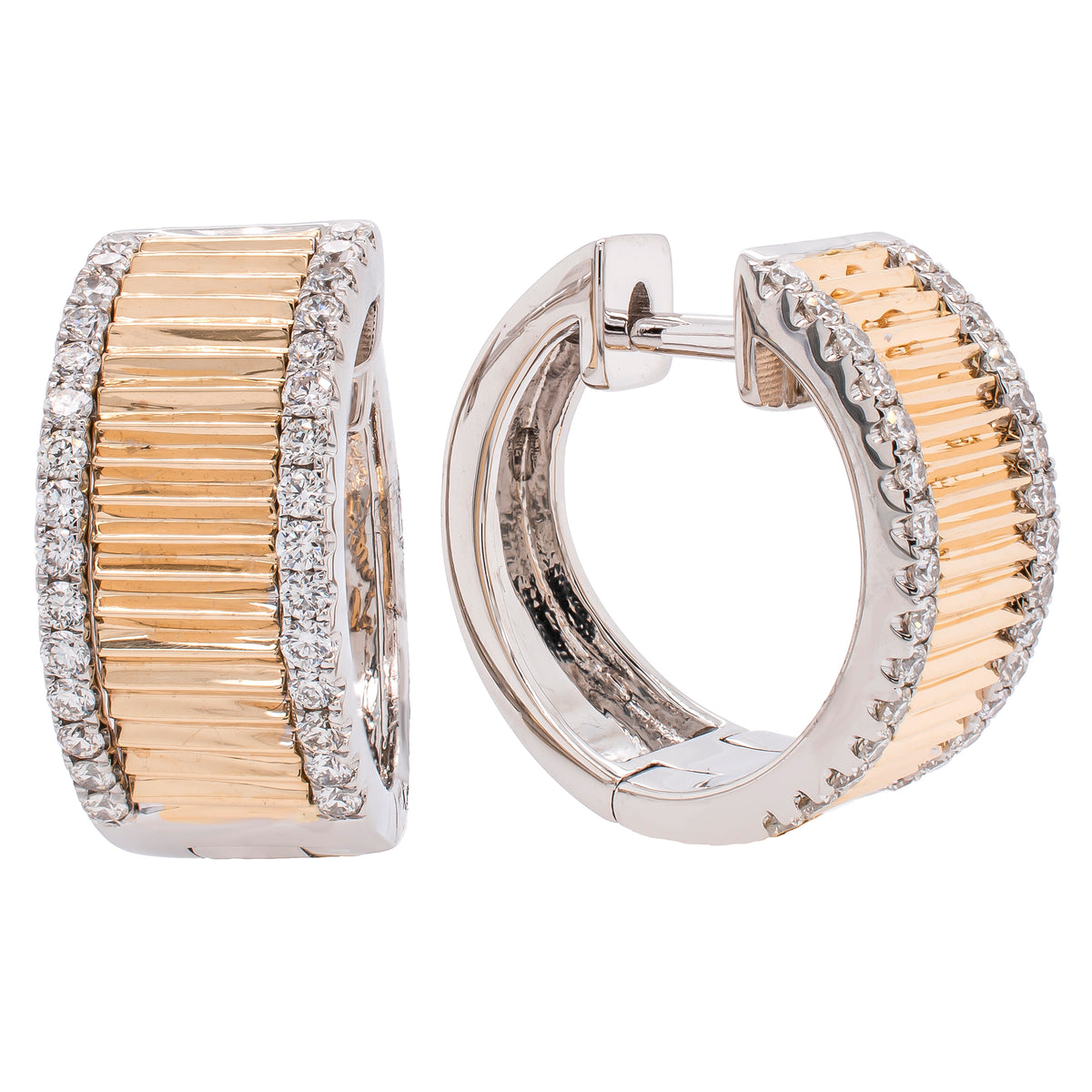 14K Yellow and White Gold Diamond Hoop Earrings with Yellow Gold Ridges