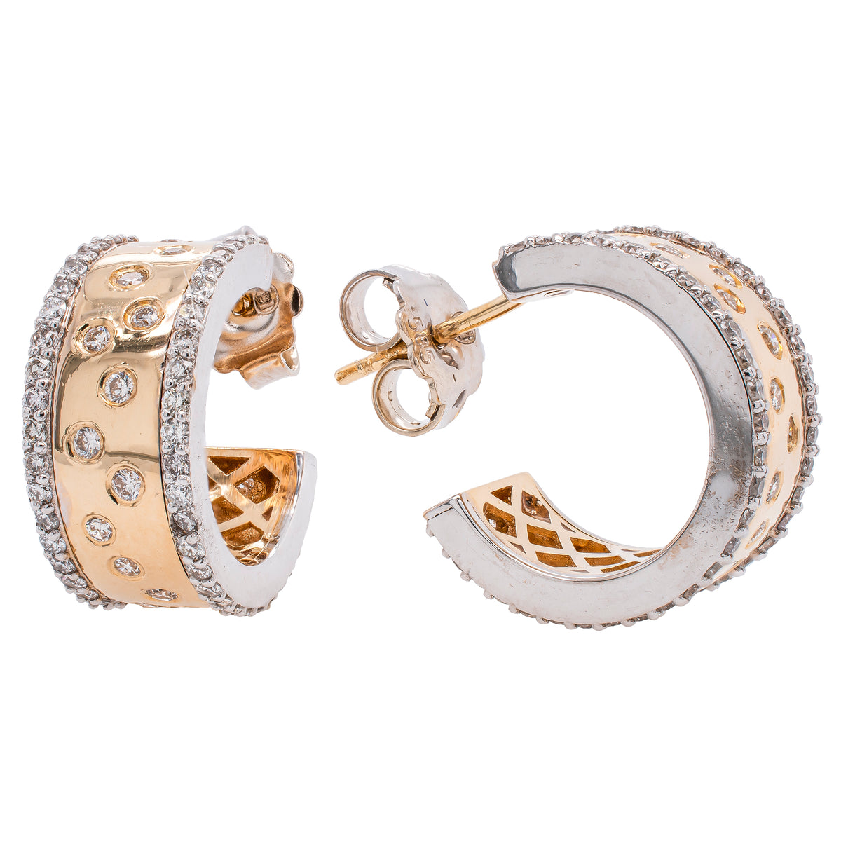 14K Yellow and White Gold Diamond Scattered C Hoop Earrings