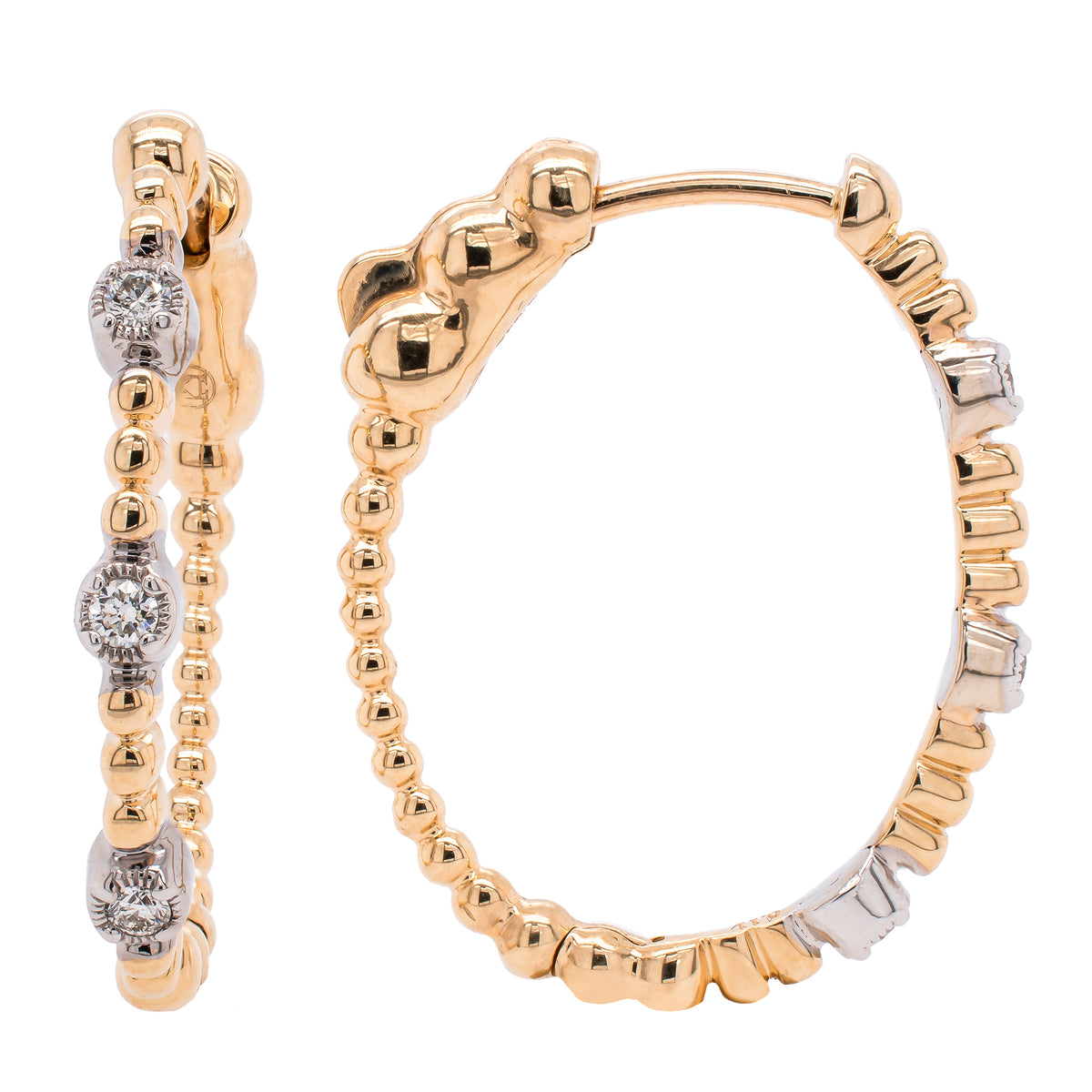 14K White and Yellow Gold Diamond Textured Oval Hoop Earrings