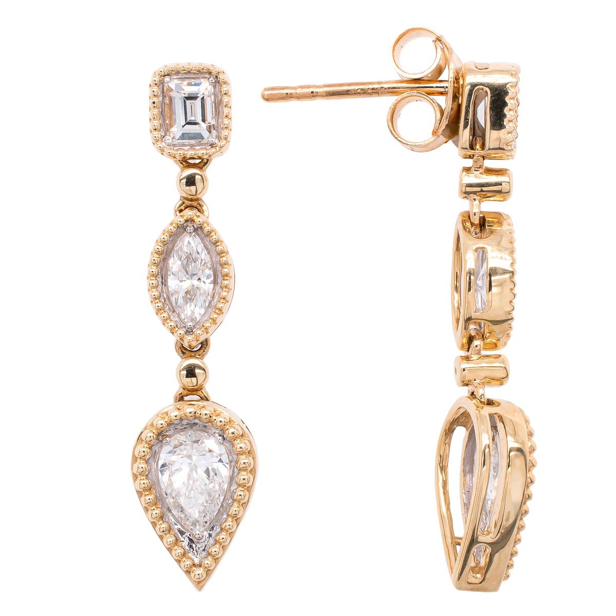 14K Yellow Gold 3-Stone Diamond Textured Dangle Stud Earrings