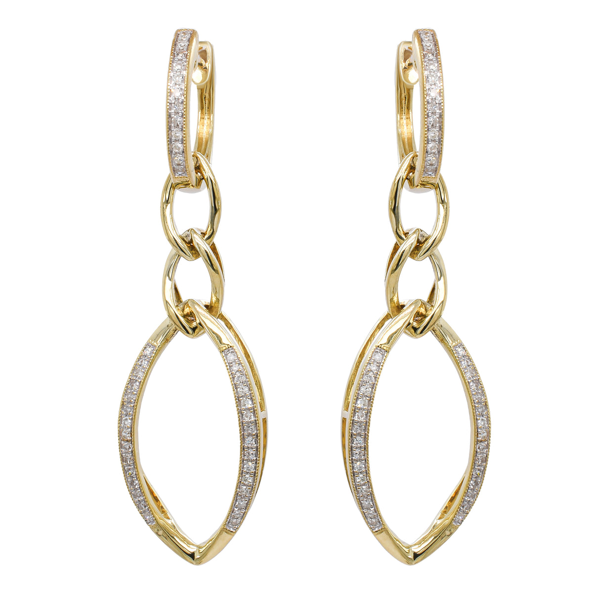 14K Yellow Gold Sharp Oval Diamond Dangle Earrings